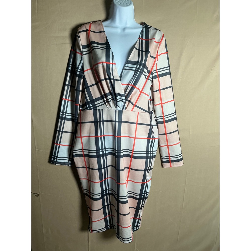 Unbranded Plaid Sheath Dress Womens L Pink Black Excellent V-Neck Long Sleeve